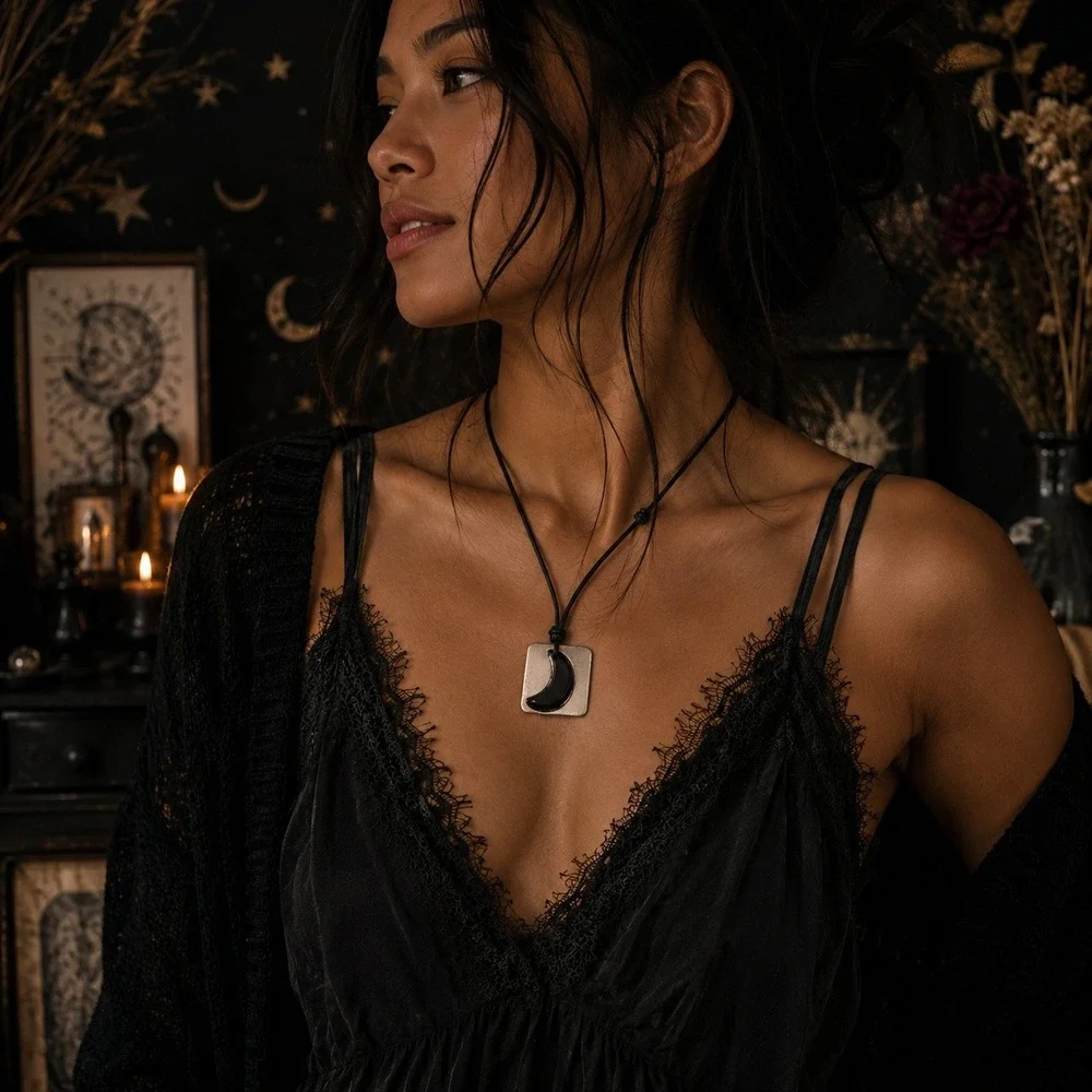 Black Crescent Moon Square Pendant Adjustable Cord Necklace Silver Celestial